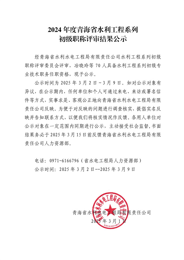2024年度青海省水利工程系列初级职称评审结果公示
